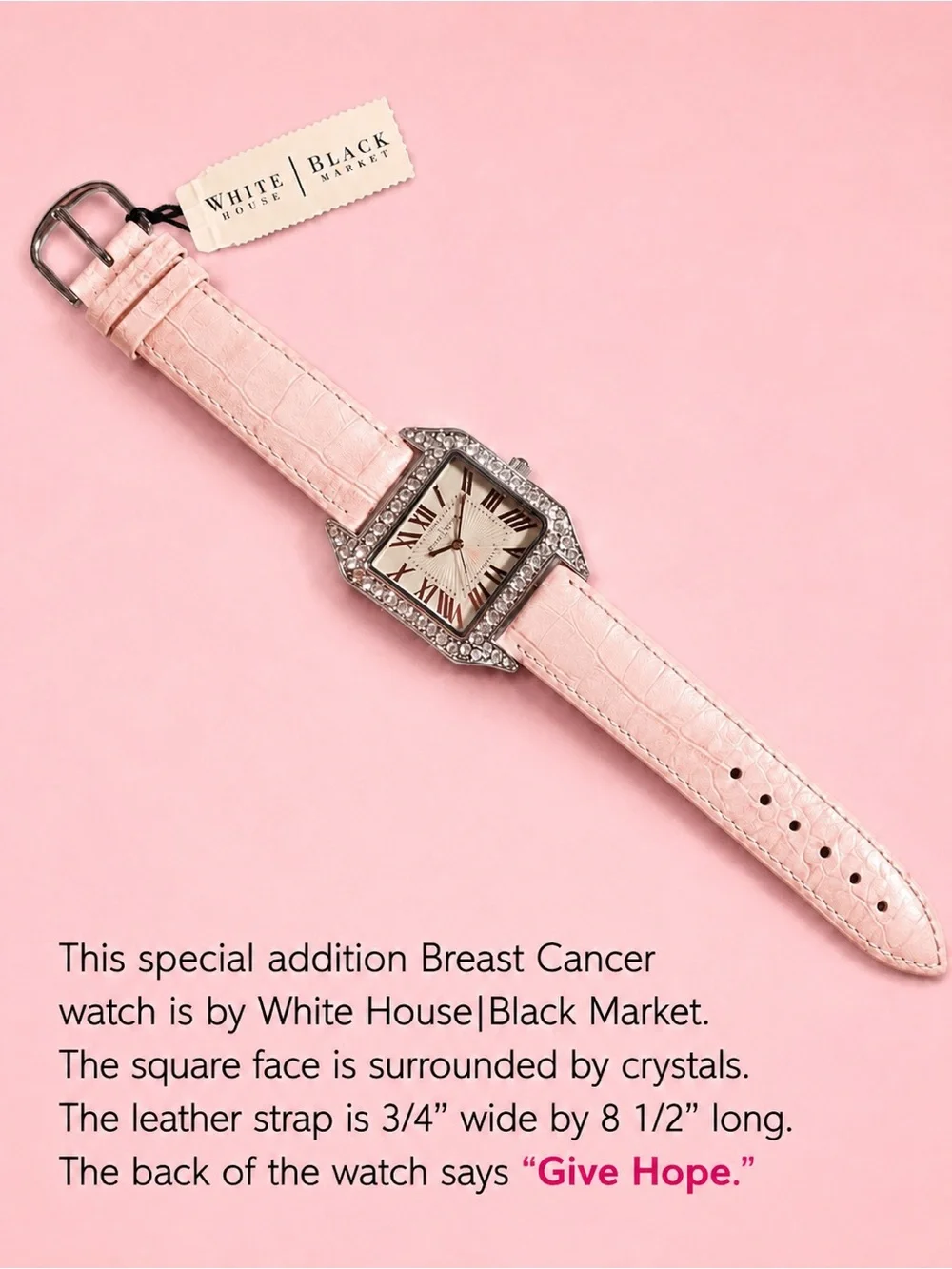 White House Black Market Pink and Silver Breast Cancer Watch with Rhinestones